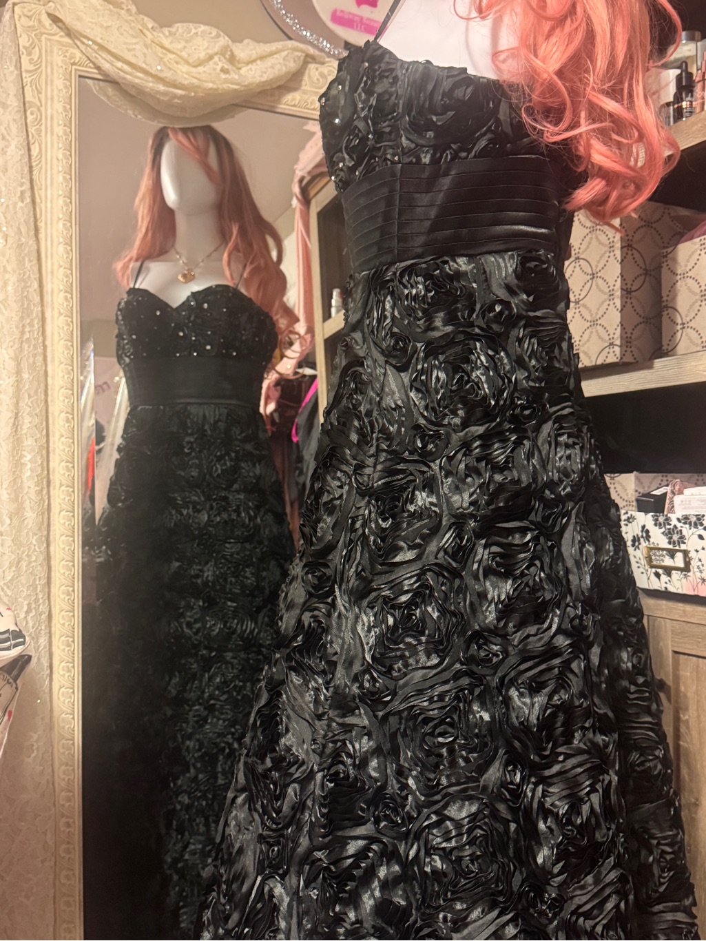 Nika Black Formal Long Spaghetti Strap Corseted Rose Flower Embellished Gown